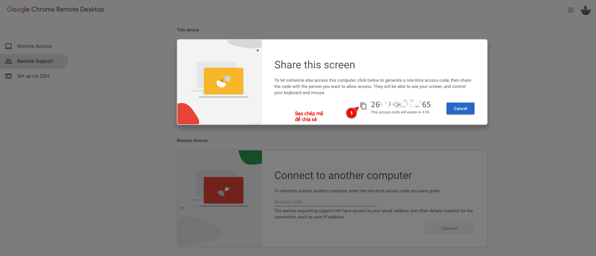 Sao chép mã truy cập