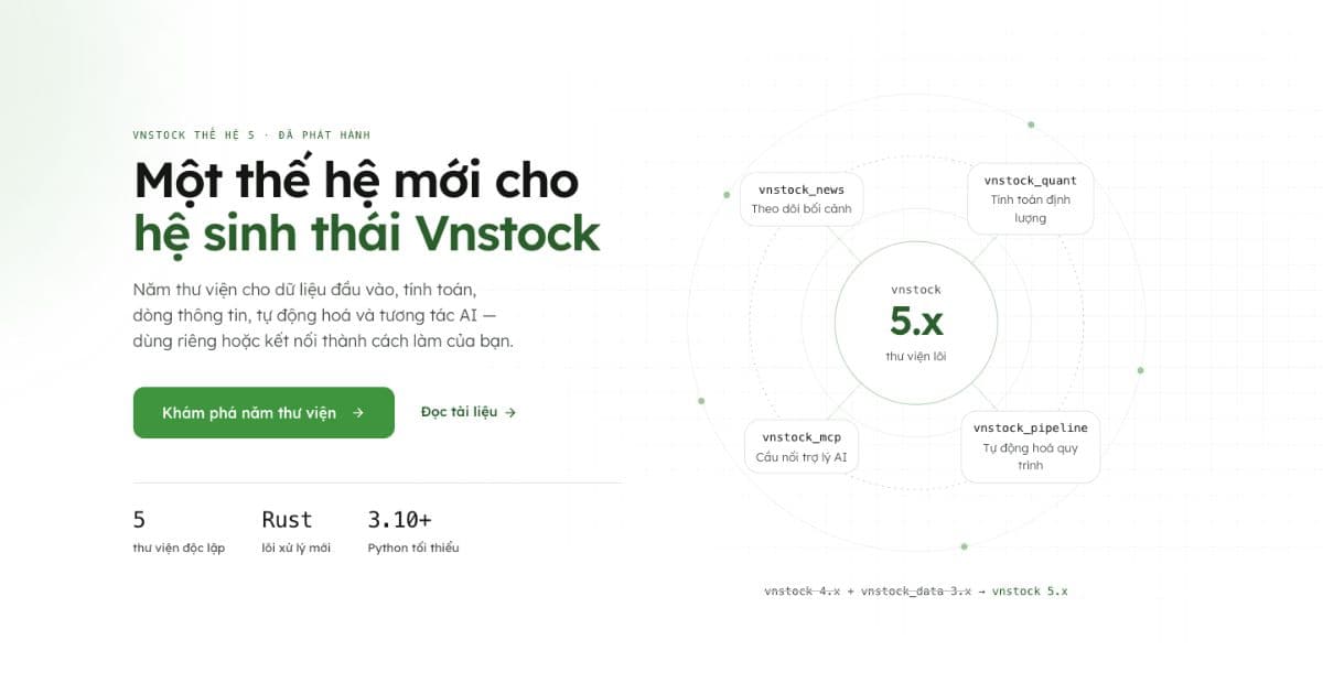Ra mắt Vnstock thế hệ 5: Hợp nhất thư viện lõi, nâng cấp nền tảng Rust và tách năm công cụ chuyên biệt