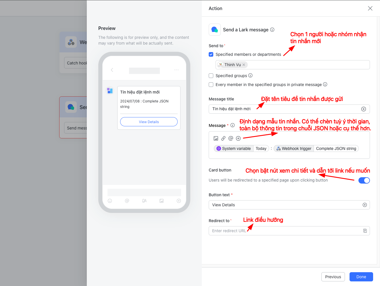 Lark gửi tin nhắn từ webhook