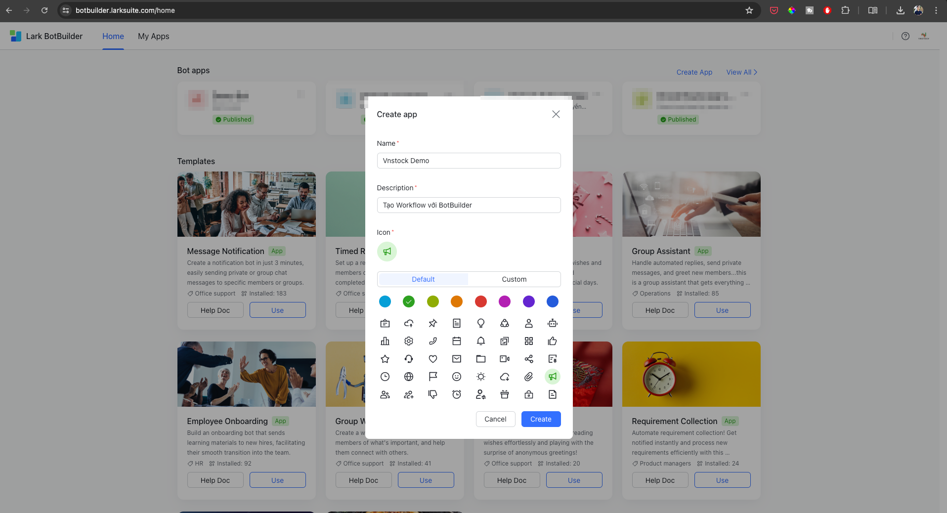 Lark tạo app botbuilder