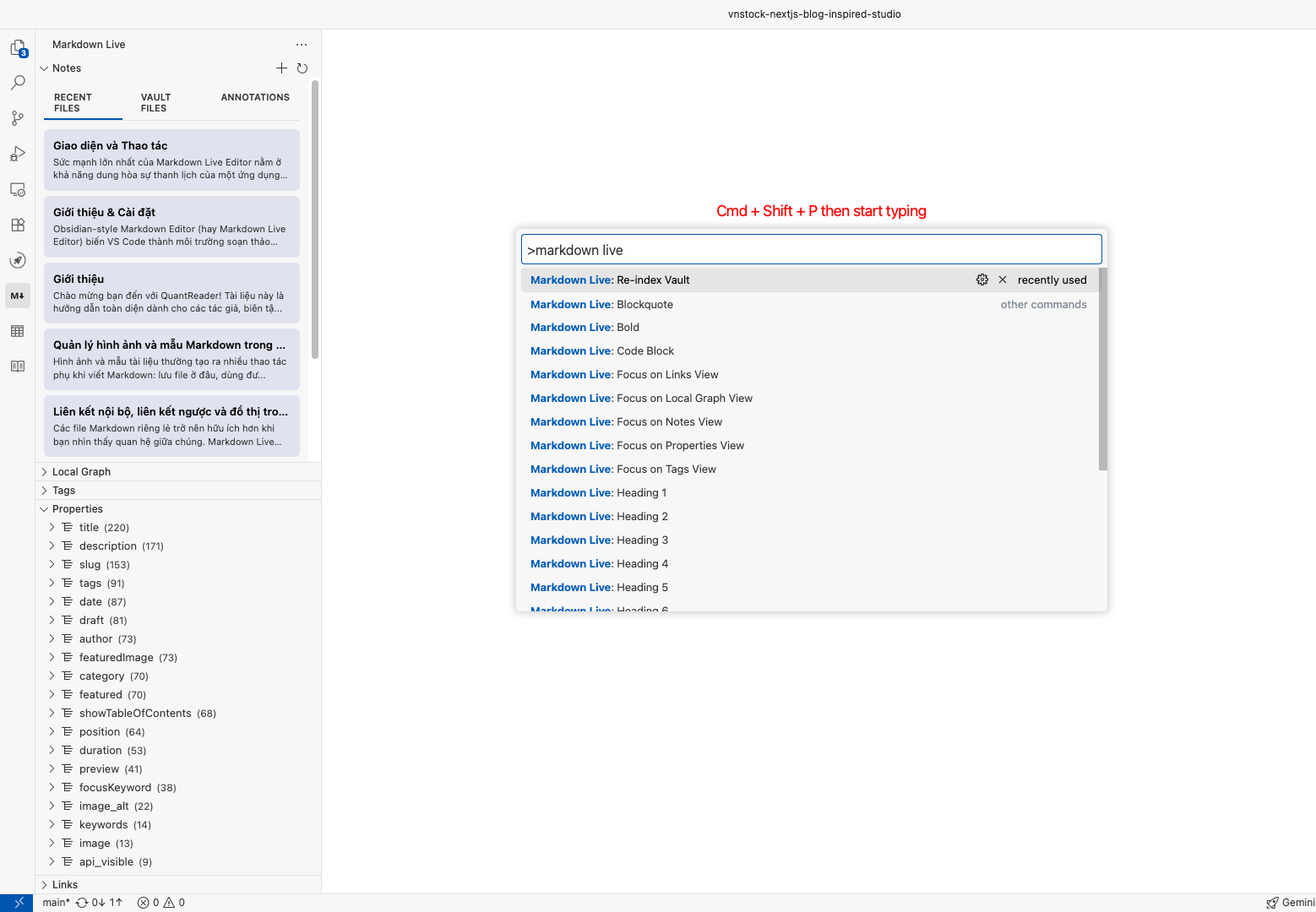 Danh sách lệnh Markdown Live Editor trong Command Palette