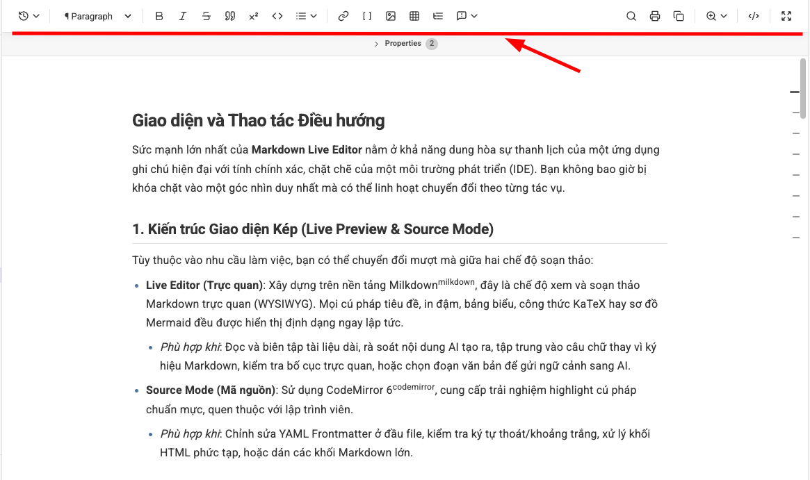 Thanh công cụ của Markdown Live Edito