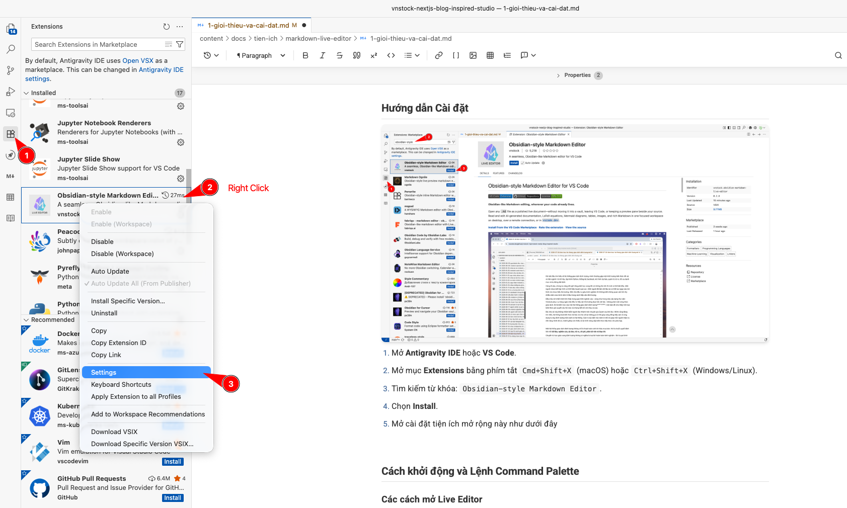 Mở cài đặt tiện ích mở rộng Markdown Live Editor từ Extensions