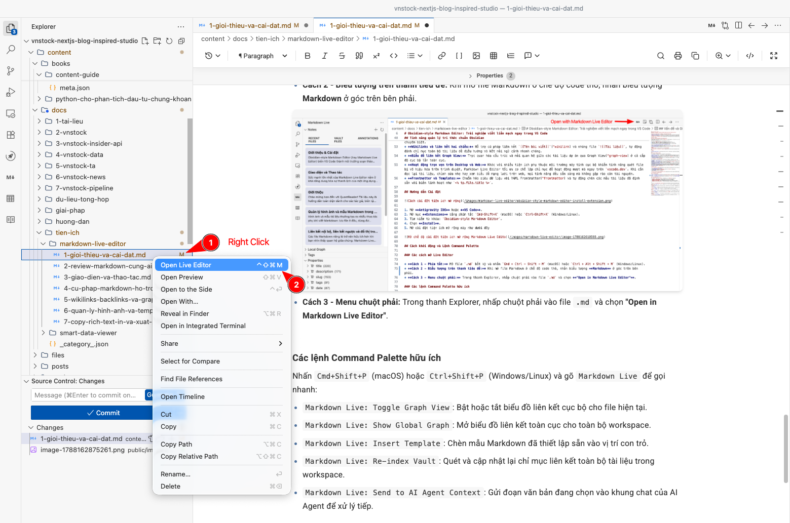 Mở Markdown Live Editor từ menu chuột phải trong Explorer