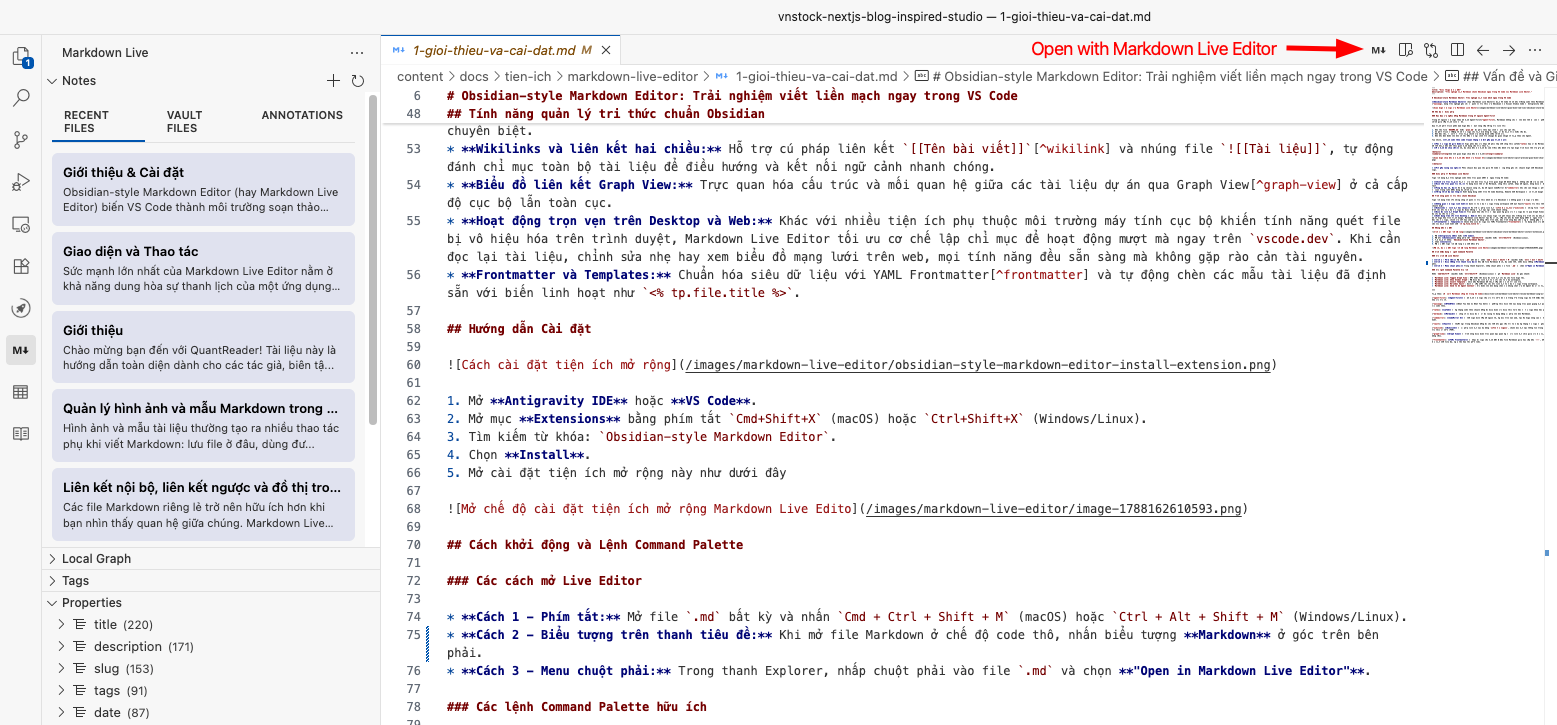 Mở Markdown Live Editor bằng biểu tượng trên thanh tiêu đề Editor