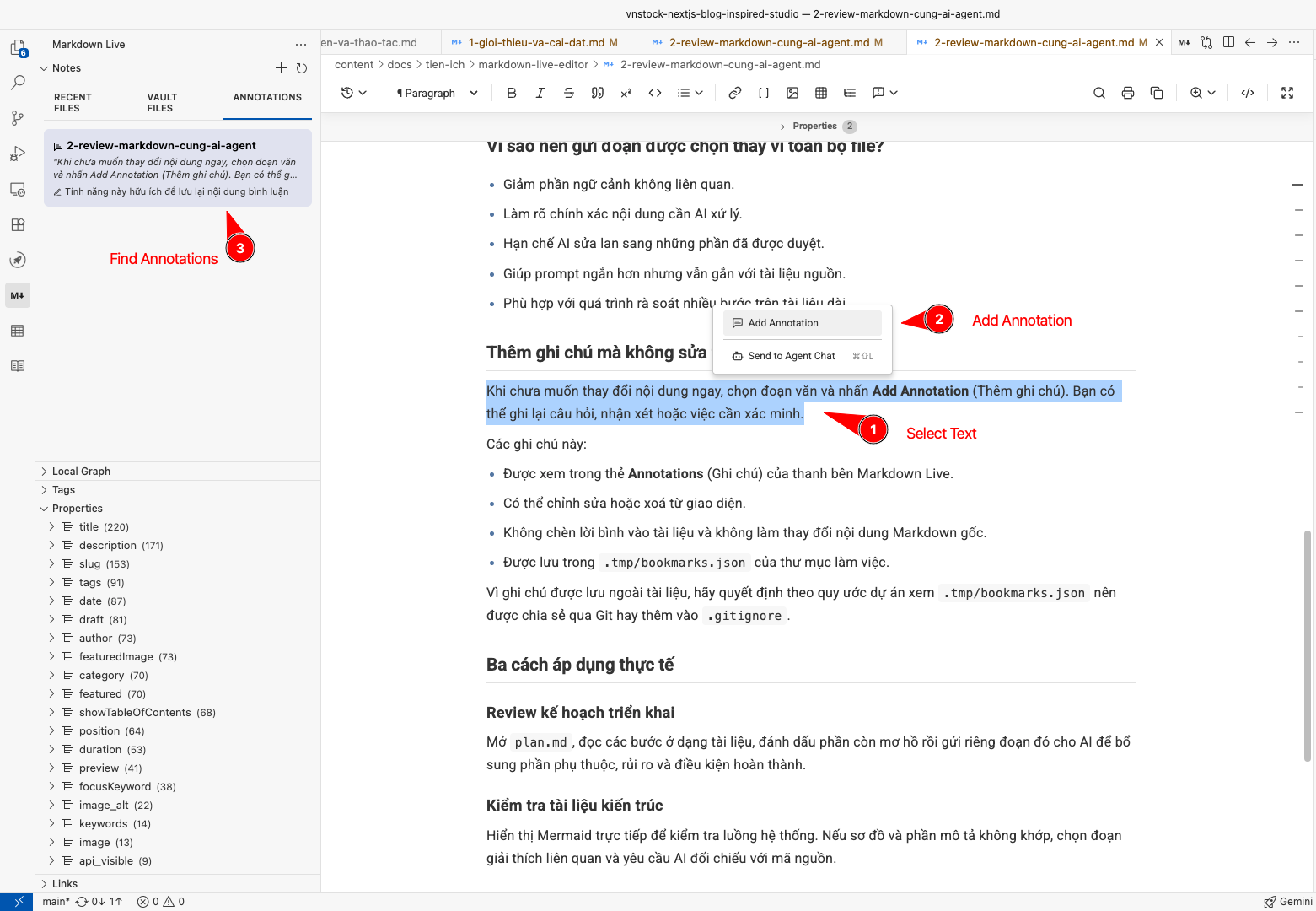 Thêm ghi chú Annotation cho đoạn văn bản và quản lý trên thanh bên
