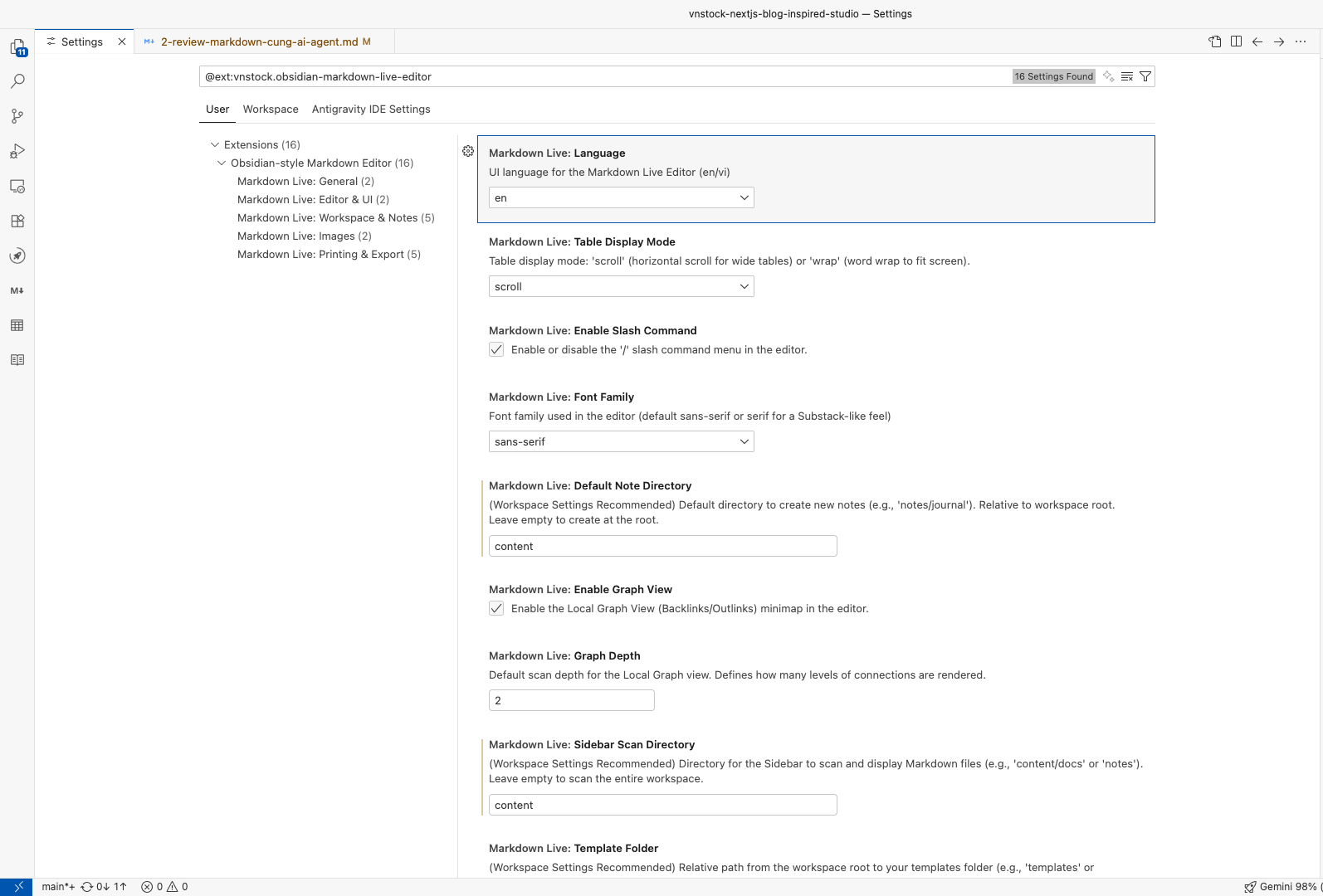 Giao diện tùy chỉnh cấu hình Markdown Live Editor trong Settings