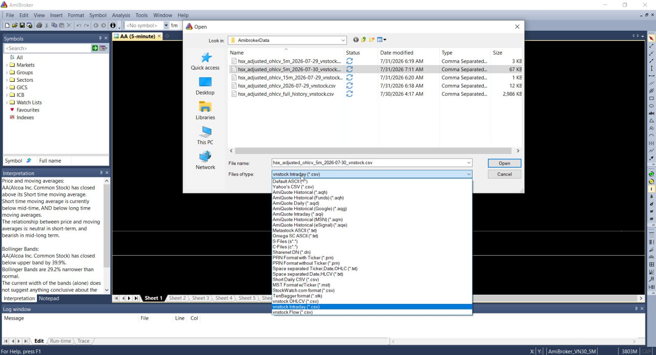 Chọn file CSV xuất ra từ Vnstock và định dạng vnstock tương ứng