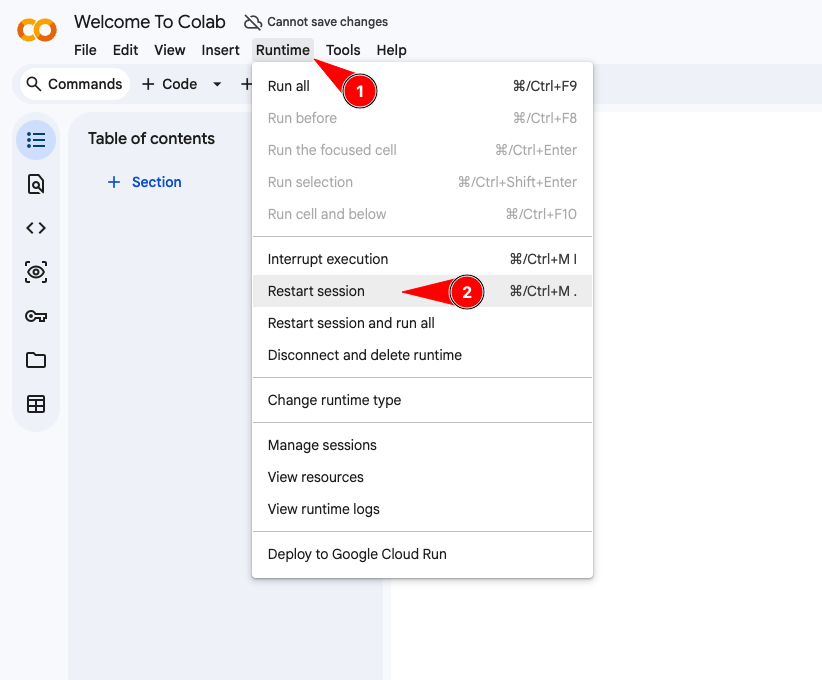 Khởi động lại phiên làm việc trên Google Colab