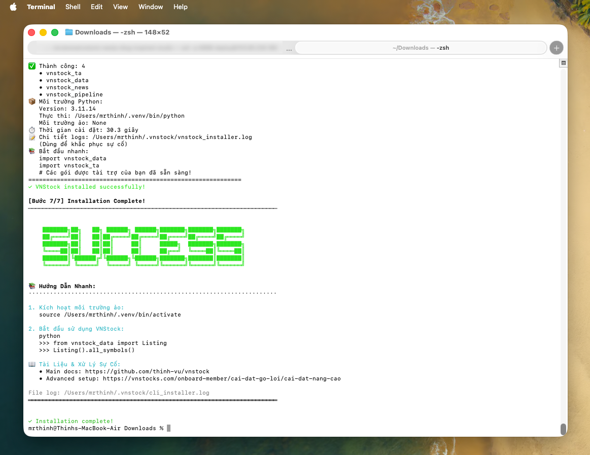 Cài đặt thành công