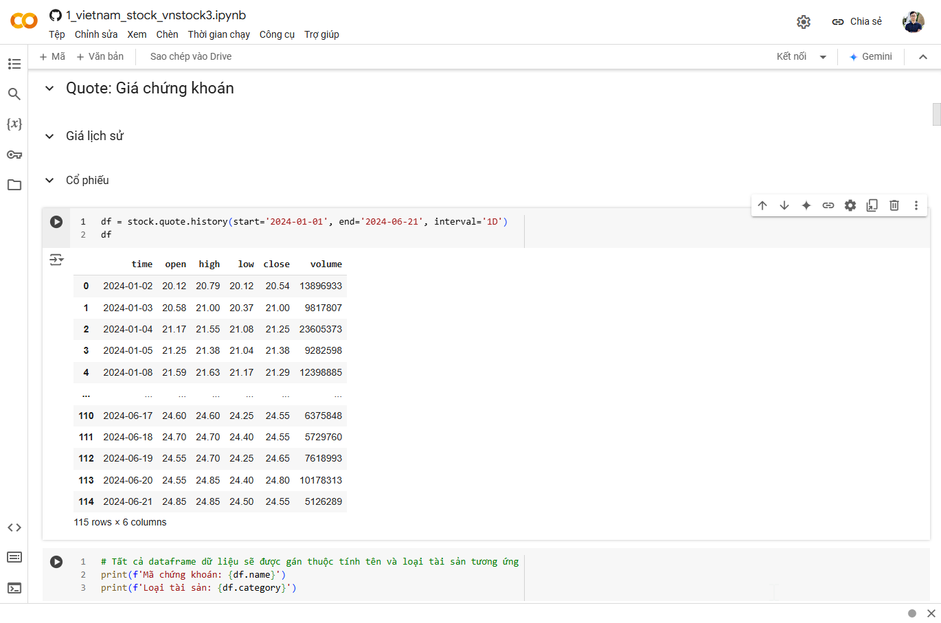 Giao diện sử dụng Vnstock Python trong Google Colab - Vnstock API tải dữ liệu chứng khoán toàn diện & miễn phí